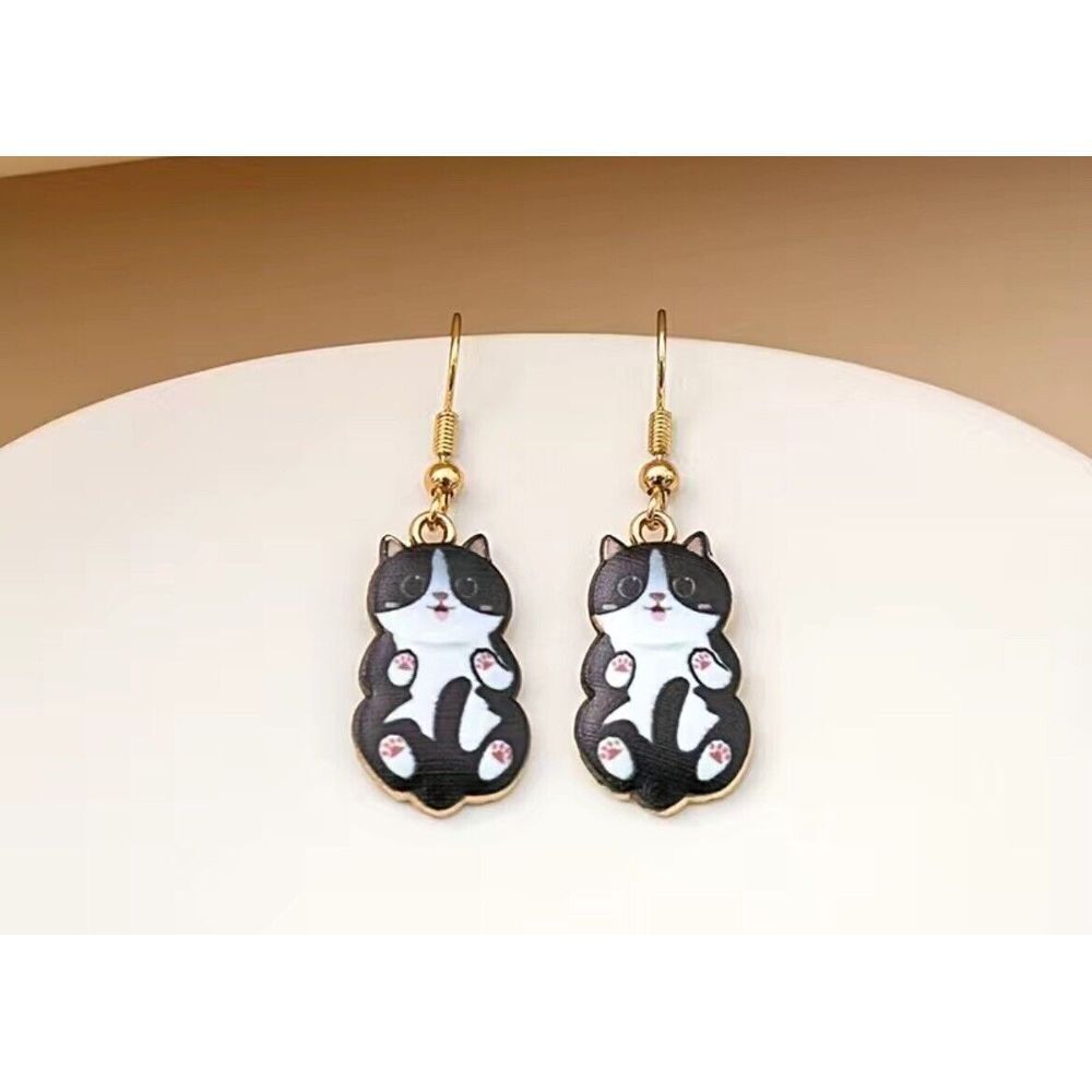 Cat Earrings, Cute Black Enamel Gold Tuxedo Kitty‎ Cat Dangles NWT